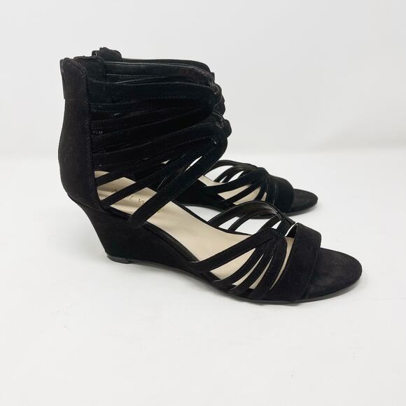 Nine West 6.5 Black Faux Suede Roseo Strappy Wedge Sandals Heeled Zip Back - Picture 1 of 13